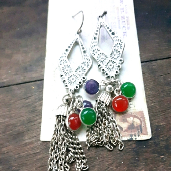 Blue Honey Jewelry Jewelry - NWT Bohemian Gemstone & Chain Tassel Earrings
